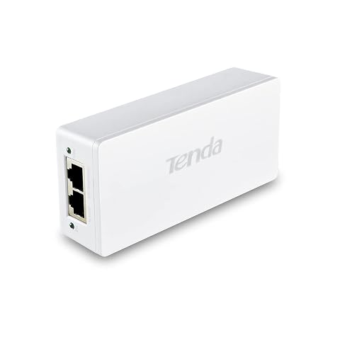 Injecteur PoE Gigabit blanc posé sur une tablette de pierre dans un décor extérieur abrité