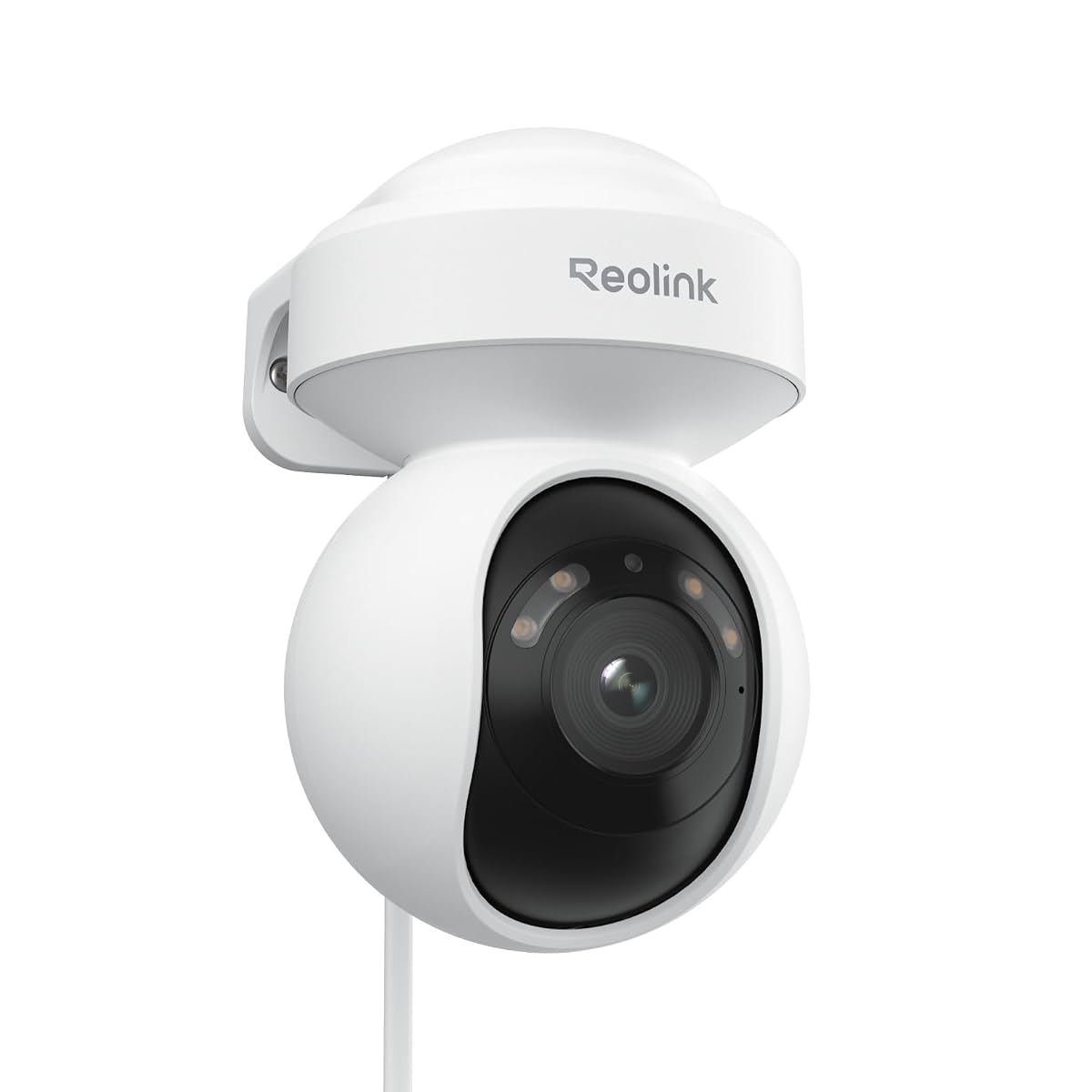 Caméra PTZ Reolink blanche fixée sur une façade grise et orientée vers un jardin extérieur.