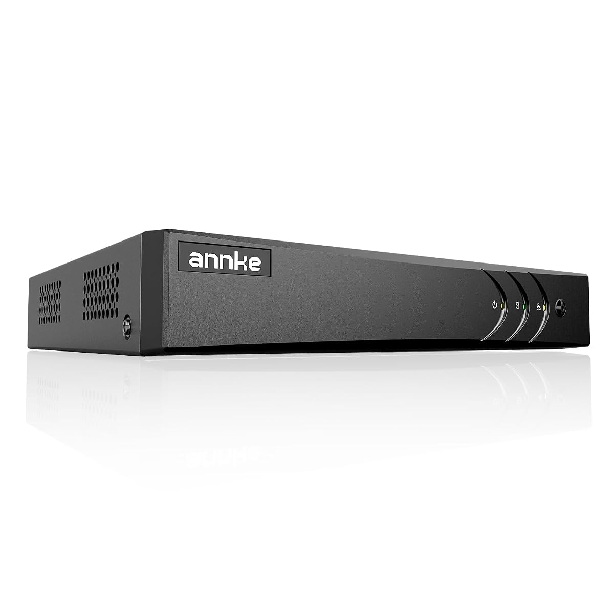 Enregistreur DVR hybride Annke posé sur une tablette dans un décor extérieur sobre