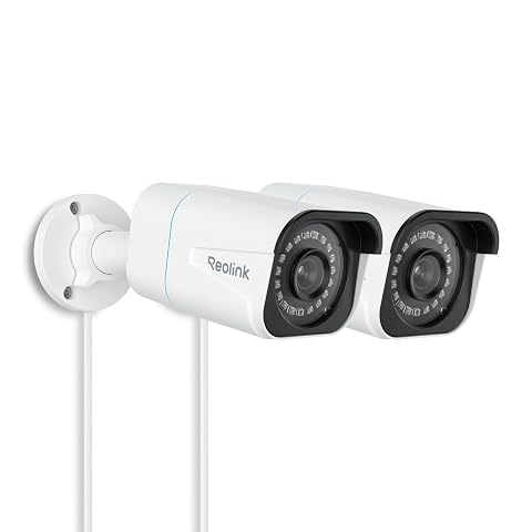 Deux caméras de surveillance extérieures PoE Reolink RLC-810A blanches présentées devant une façade