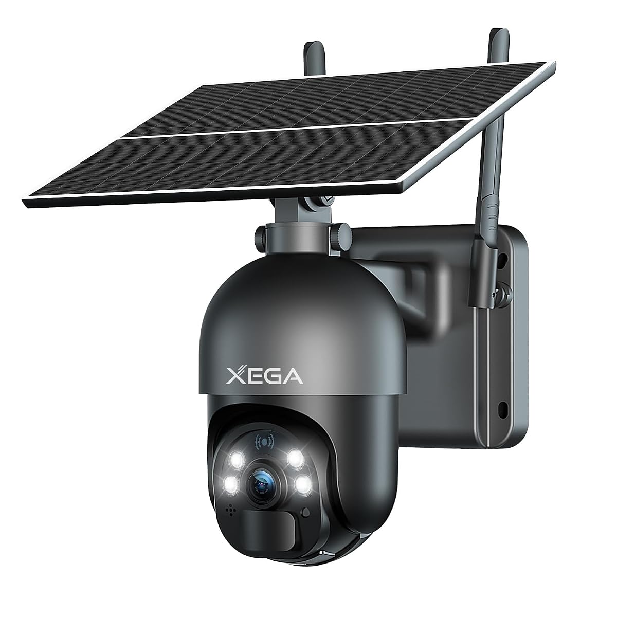 Caméra de surveillance 4G grise avec panneau solaire, installée sur une façade extérieure