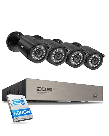 Kit noir de quatre caméras dôme de surveillance avec enregistreur DVR posé devant une façade claire.
