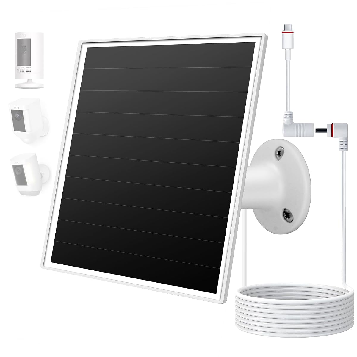 Panneau solaire blanc de 6 W avec support orientable et adaptateurs, posé devant une façade en pierre claire.