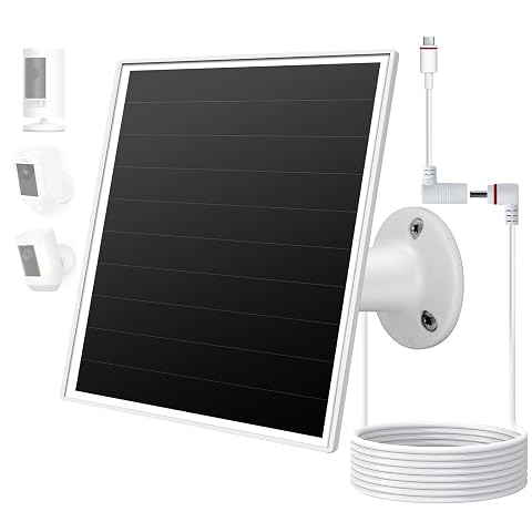 Panneau solaire blanc de 6 W avec support orientable et adaptateurs, posé devant une façade en pierre claire.