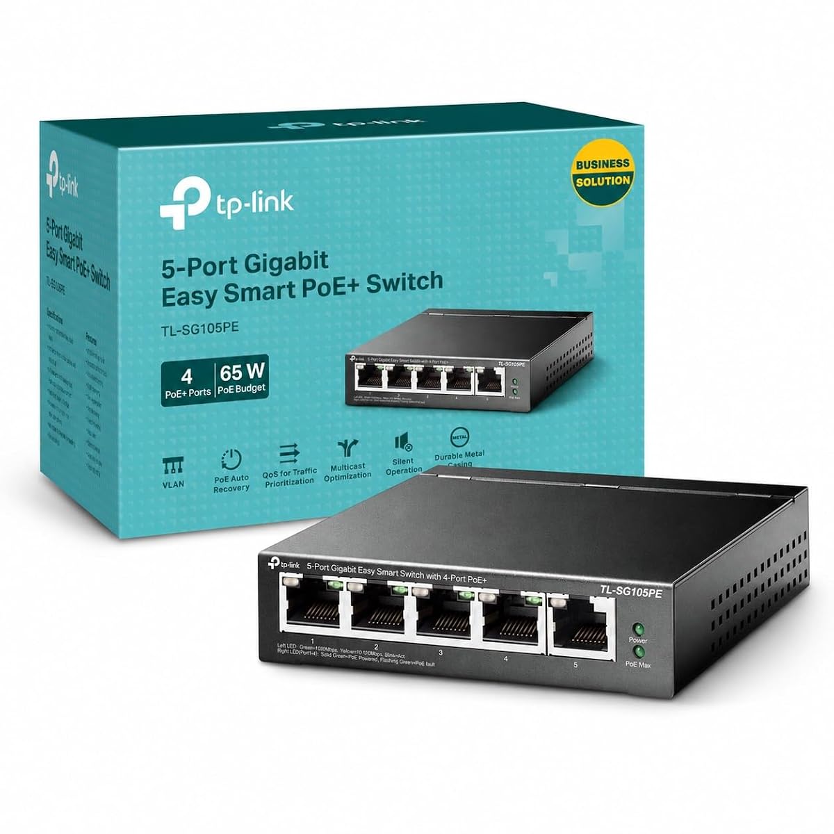 Switch PoE+ noir compact à cinq ports RJ45, posé dans un espace technique abrité