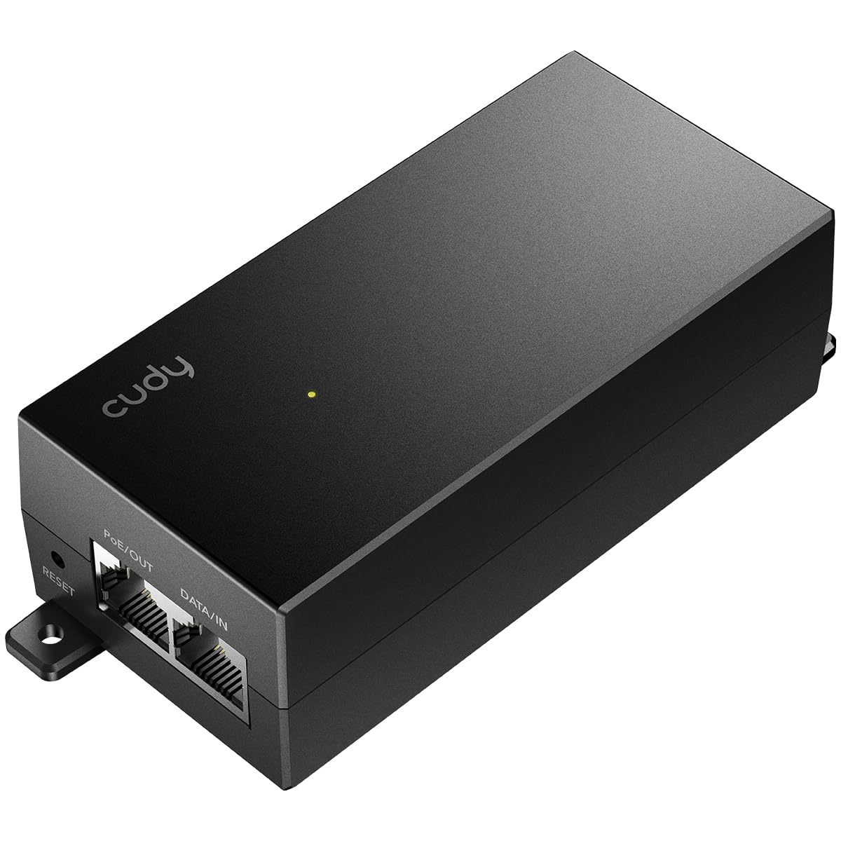 Injecteur PoE Gigabit Cudy compact raccordé par câble près d’une caméra extérieure