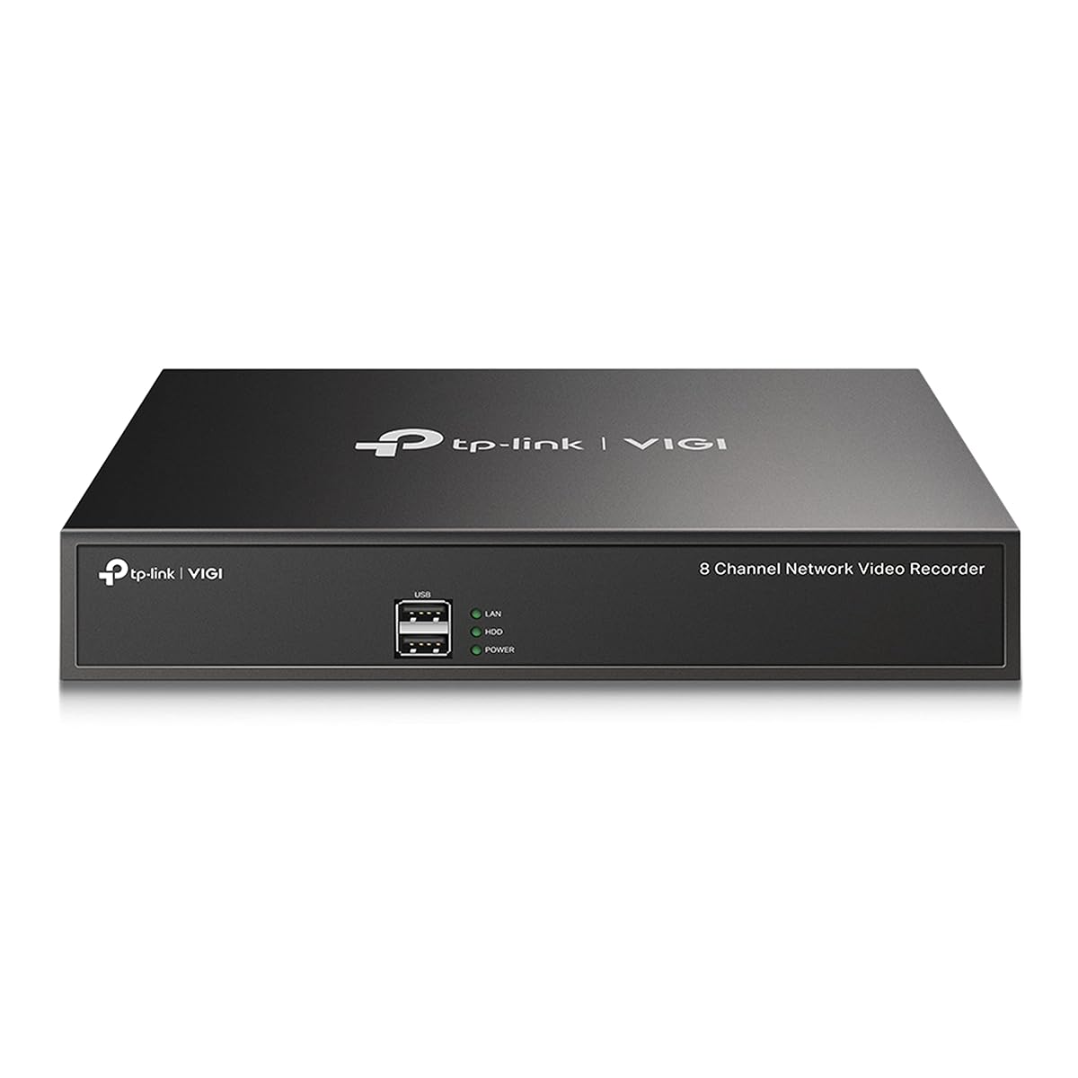 Enregistreur NVR noir compact posé sur une étagère dans un espace intérieur protégé.