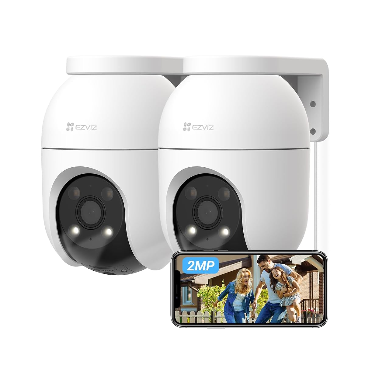 Deux caméras extérieures Ezviz C8c blanches orientables présentées sur une façade en pierre claire.