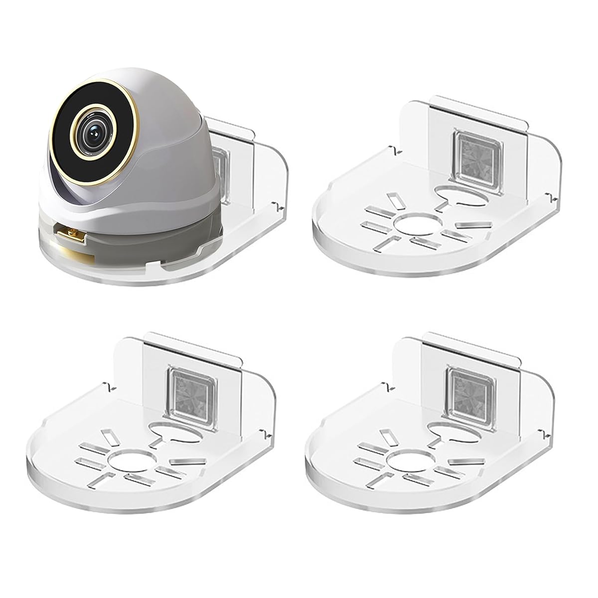 Quatre supports muraux transparents en plastique, dont un portant une petite caméra de surveillance.