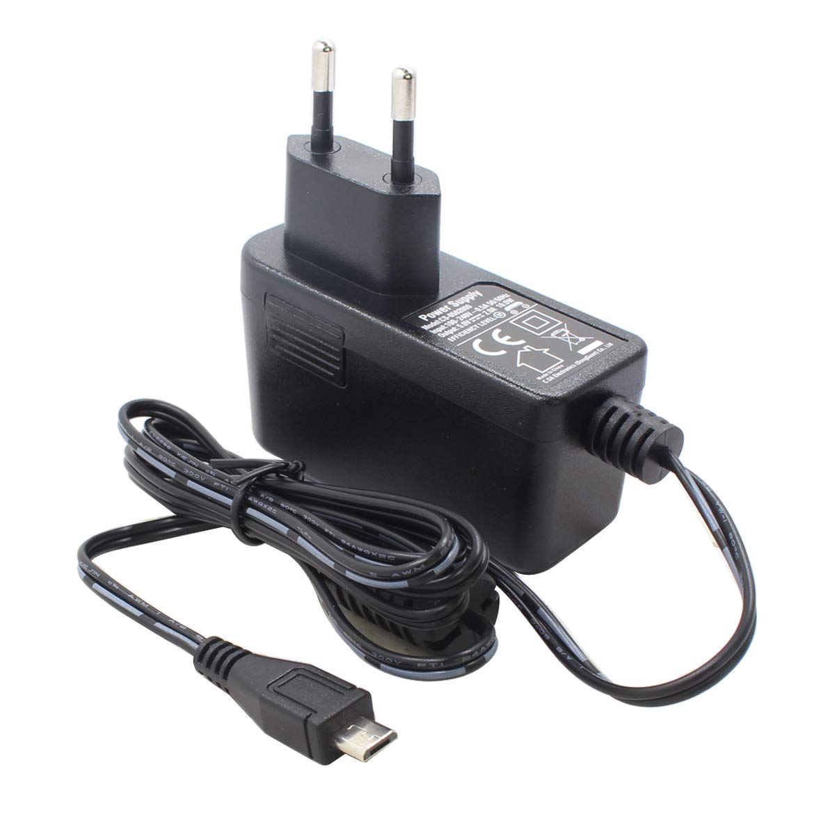 Bloc d’alimentation noir 5 V 2 A avec câble Micro USB sur un rebord de pierre claire