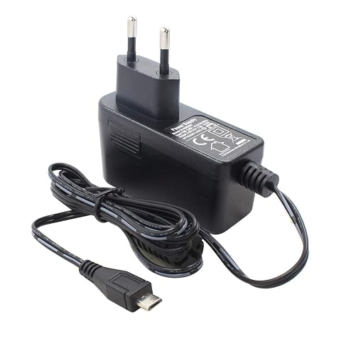 Bloc d’alimentation noir 5 V 2 A avec câble Micro USB sur un rebord de pierre claire