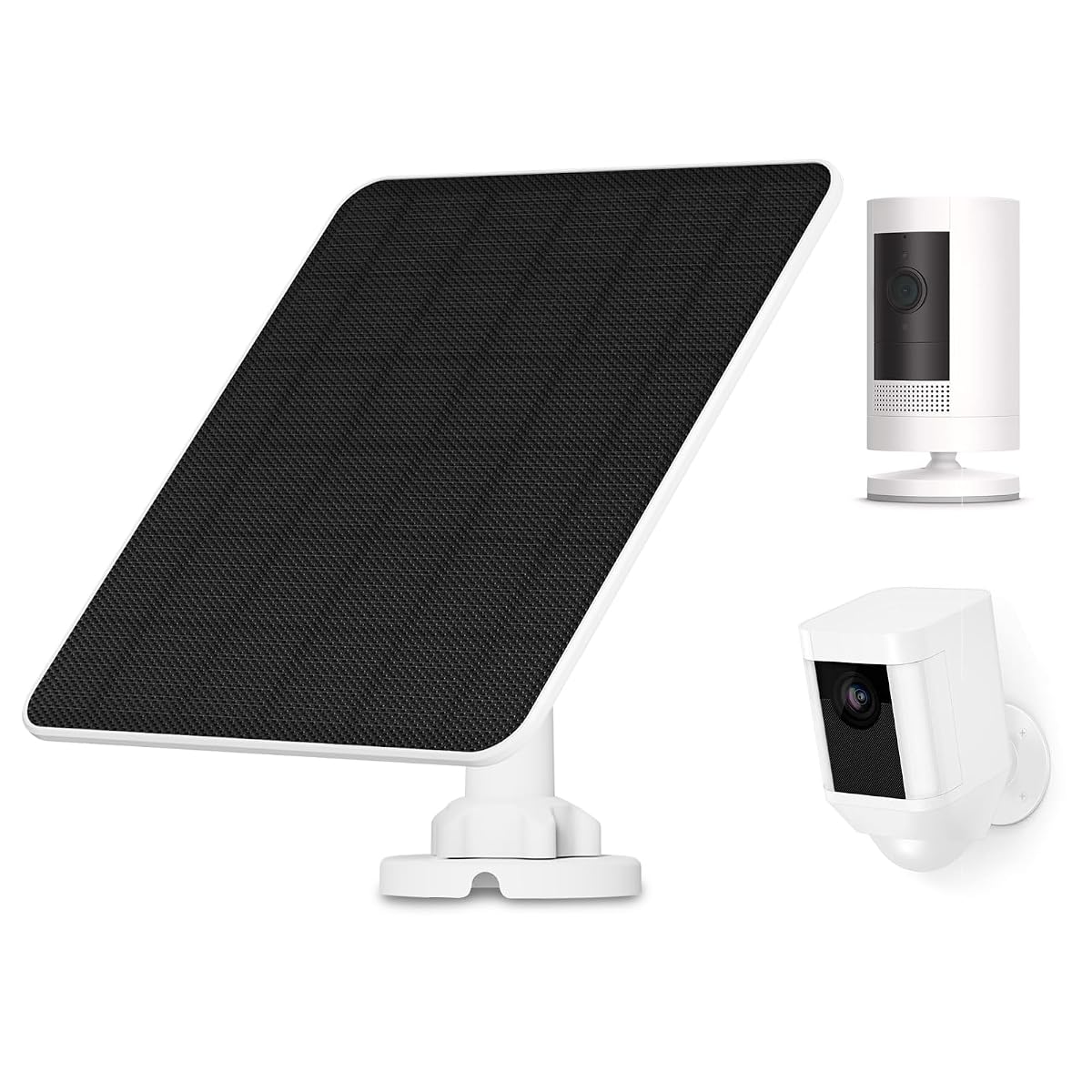 Panneau solaire blanc EverExceed avec support réglable et câble, installé sur une façade en pierre claire.