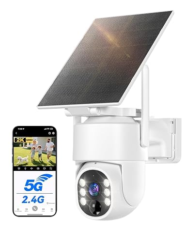 Caméra extérieure solaire blanche avec panneau déporté sur un bardage gris, dans un jardin sobre.