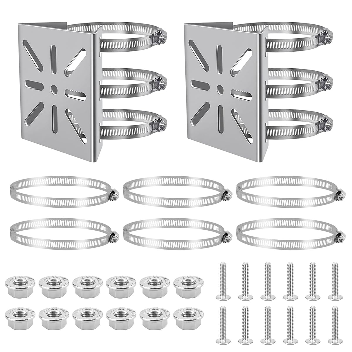 Deux supports de caméra argentés avec six colliers réglables, vis et écrous sur une surface en bois.