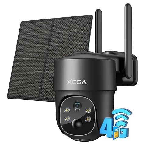 Caméra de surveillance Xega noire orientable avec panneau solaire fixée sur une façade extérieure