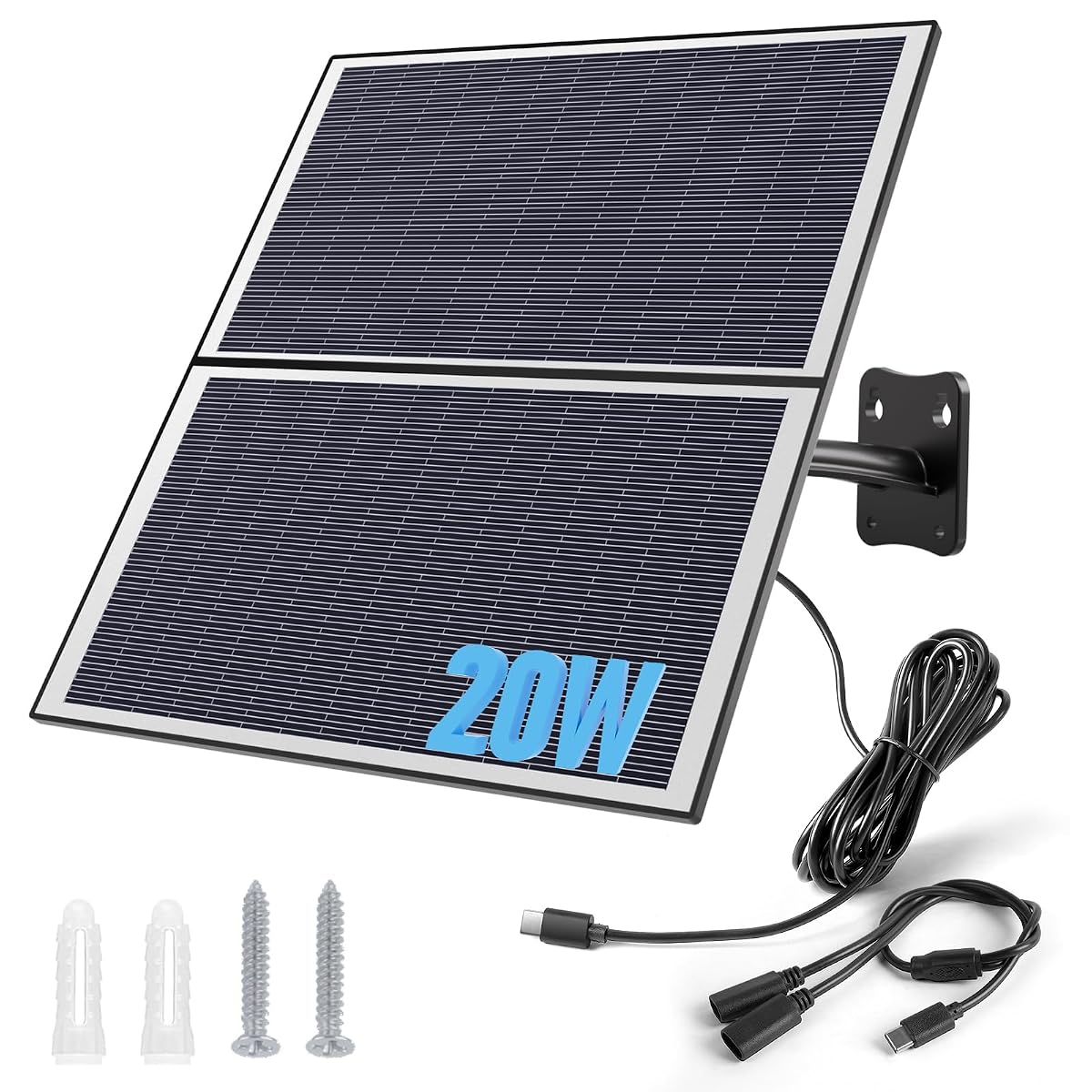 Panneau solaire noir à deux modules avec câble Type-C, posé près d’une façade en pierre claire.