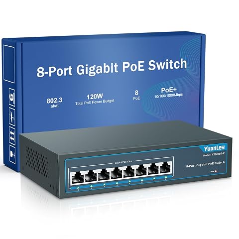 Switch PoE+ Gigabit en métal argenté avec huit ports Ethernet, installé dans un espace technique protégé.