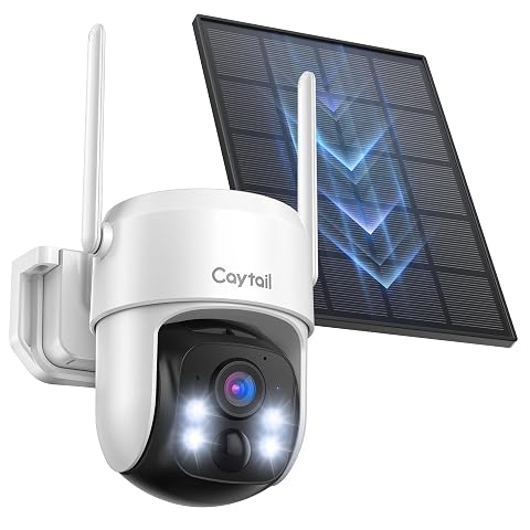 Caméra extérieure solaire Caytail blanche avec tête orientable et panneau solaire sur une façade en pierre.