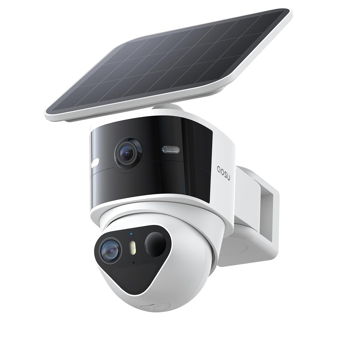 Caméra solaire extérieure à double objectif avec tête PTZ orientable, fixée près d’une façade en pierre.