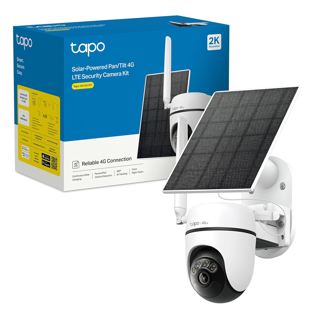 Caméra extérieure blanche orientable avec antenne et panneau solaire installés sur un bardage gris.
