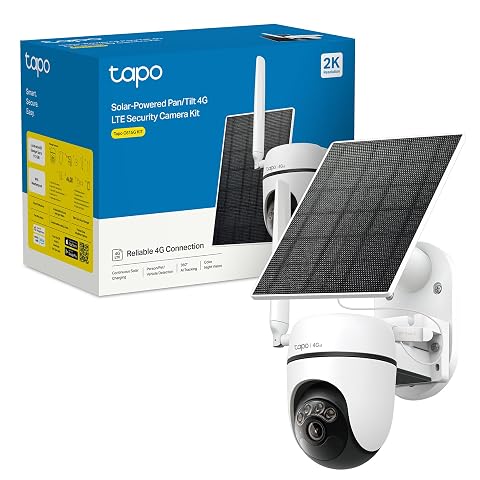 Caméra extérieure blanche orientable avec antenne et panneau solaire installés sur un bardage gris.
