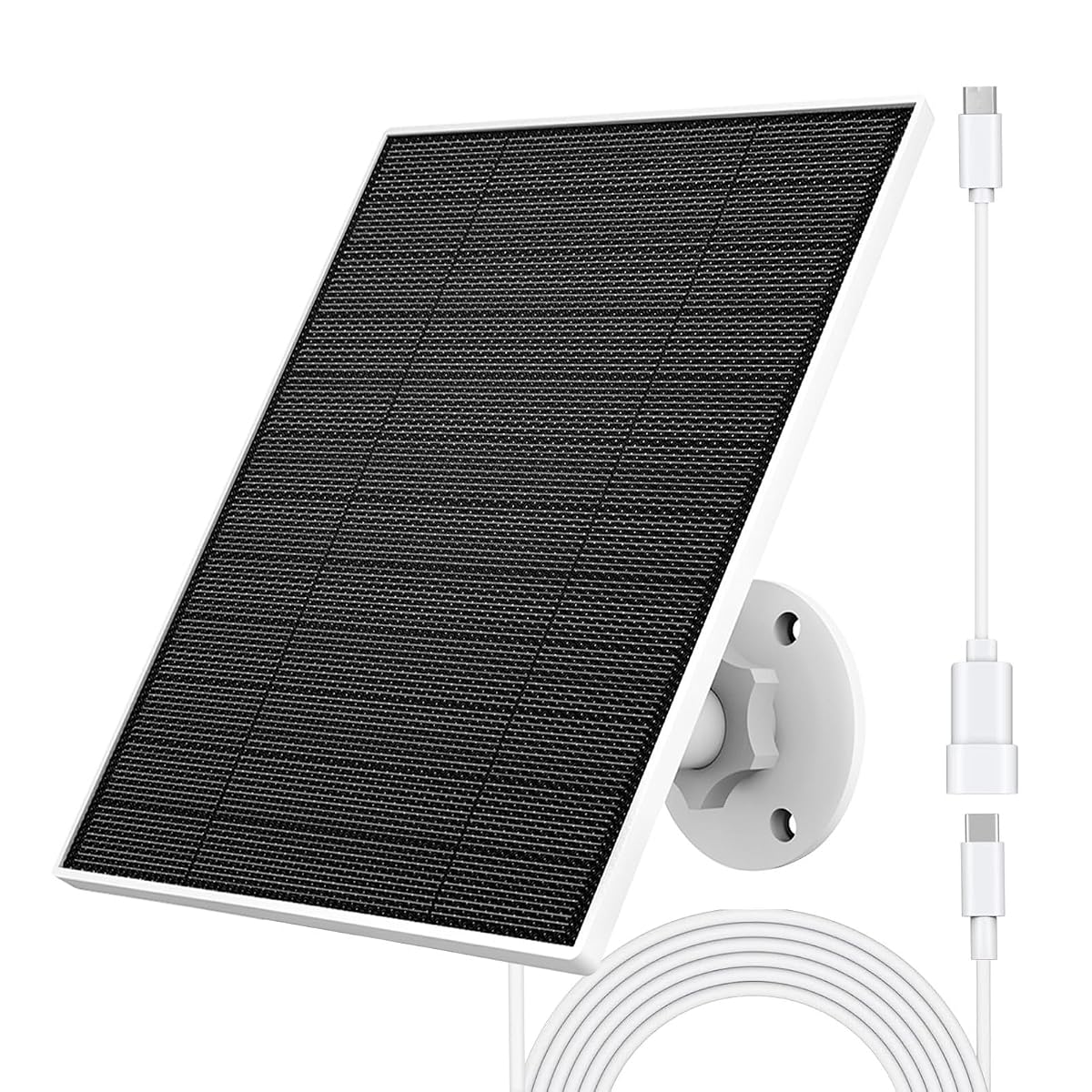 Panneau solaire blanc pour caméra Eufy fixé sur une façade en pierre claire avec son support orientable.