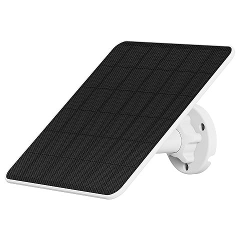 Panneau solaire blanc de 6 W avec support réglable et câble, posé près d’un bardage gris