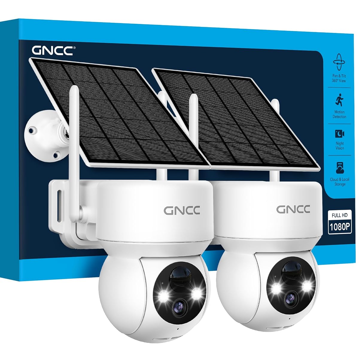 Deux caméras extérieures solaires blanches orientables présentées avec leurs panneaux sur une façade en pierre
