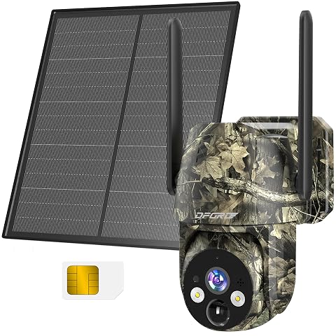 Caméra de surveillance extérieure 4G avec panneau solaire, installée près d’un bardage gris.
