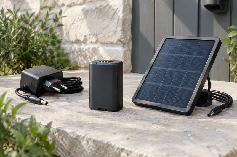 Adaptateur secteur, batterie et panneau solaire pour caméra extérieure