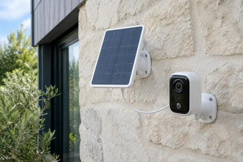 Panneau solaire compact raccordé à une caméra extérieure