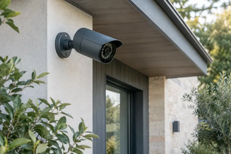 Caméra de surveillance fixée sous l’avant-toit d’une façade claire