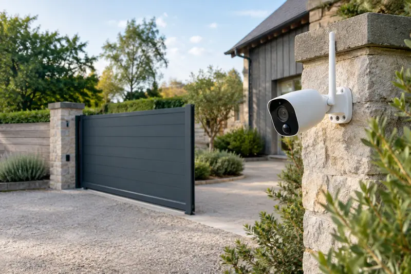 Caméra extérieure 4G avec antenne installée près d’un portail