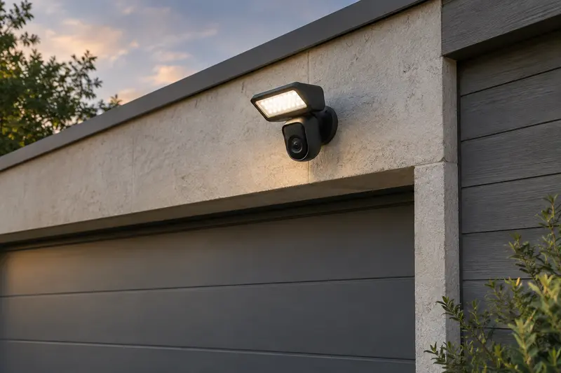 Caméra extérieure avec projecteur intégrée au-dessus d’une porte