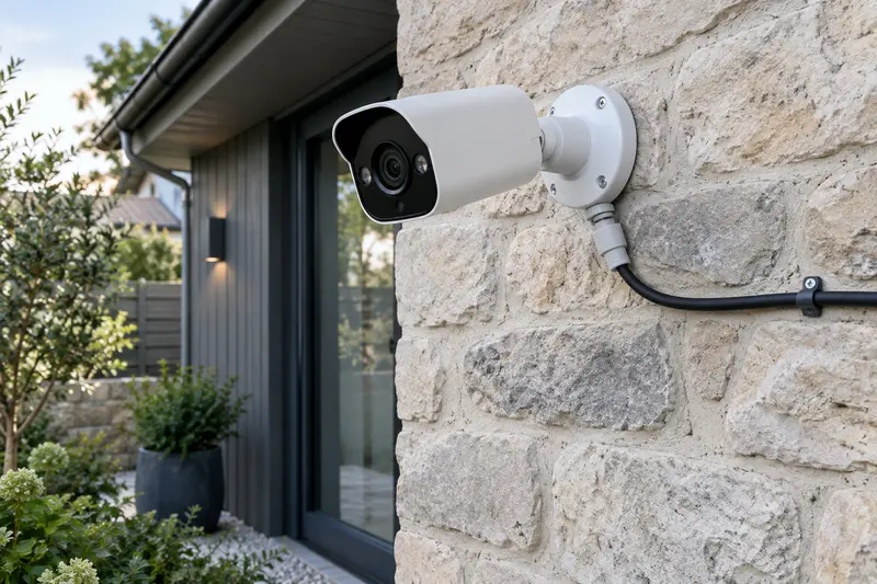 Caméra PoE installée sur une façade avec son câble réseau