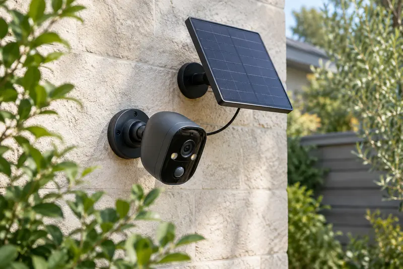 Caméra extérieure solaire et petit panneau fixés sur un mur