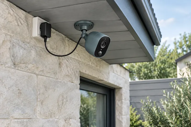 Caméra Wi-Fi compacte fixée sous l’avant-toit d’une maison