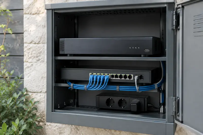 Enregistreur NVR avec ports réseau et câbles dans un meuble technique