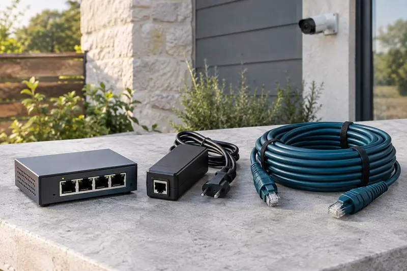 Commutateur PoE et câble Ethernet destinés à une caméra extérieure