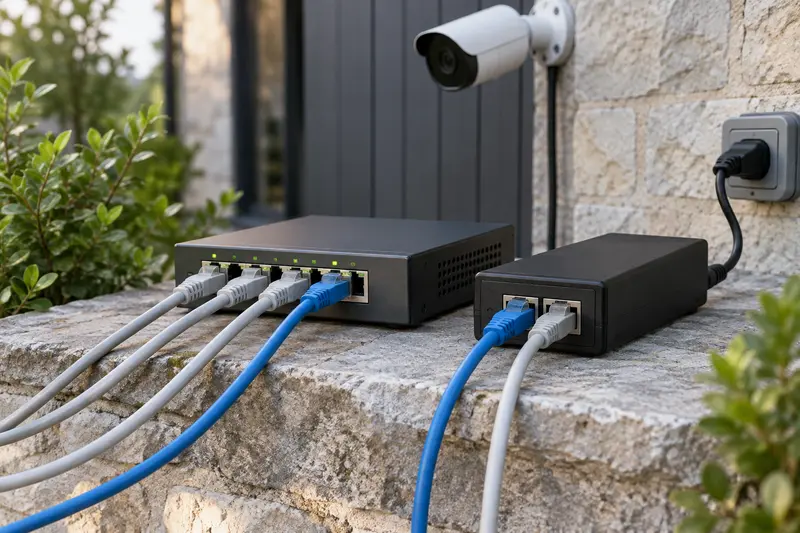 Commutateur PoE et injecteur reliés par des câbles Ethernet