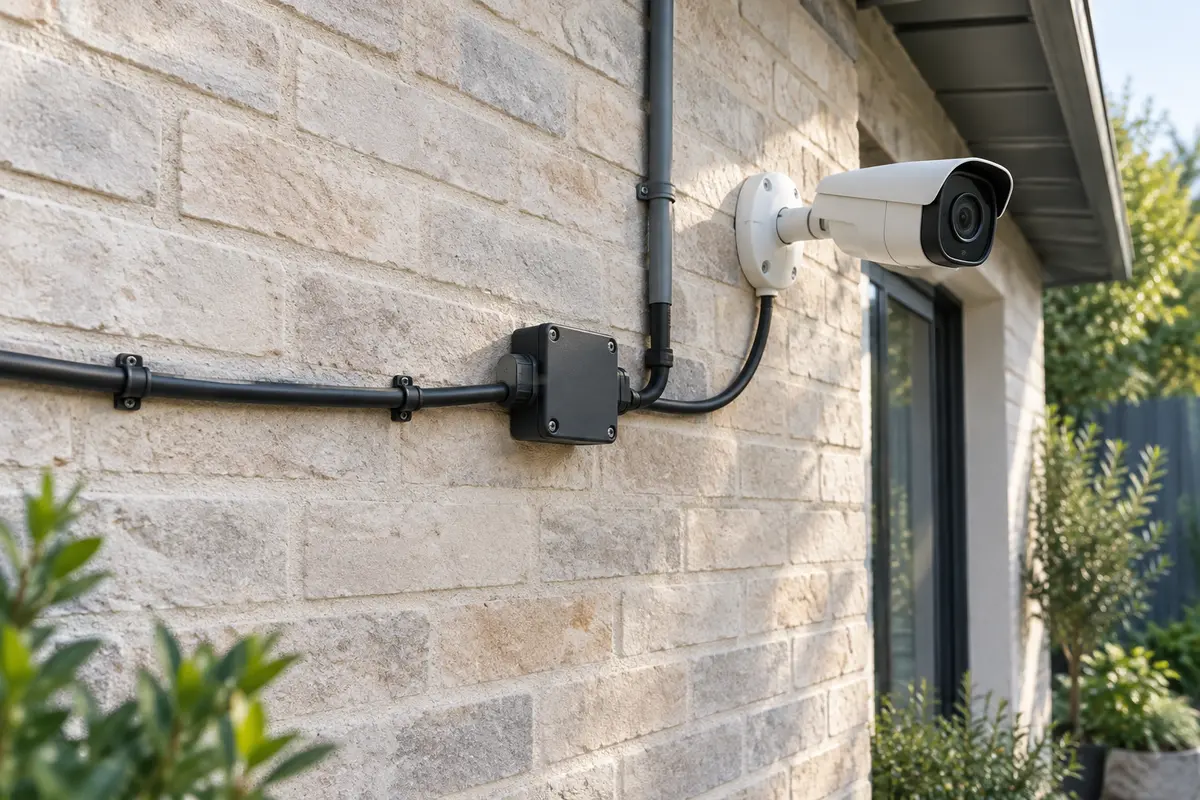Câble Ethernet extérieur fixé en façade et protégé dans un conduit près d’une caméra PoE