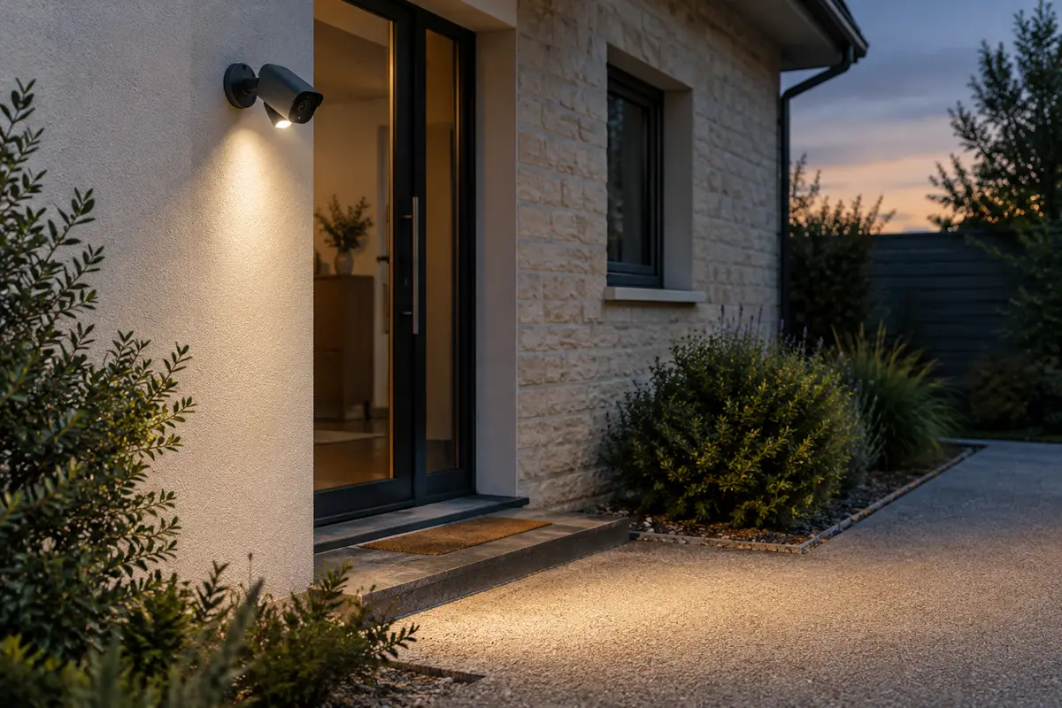 Caméra extérieure avec projecteur orientée vers une allée et le seuil d’une maison au crépuscule.