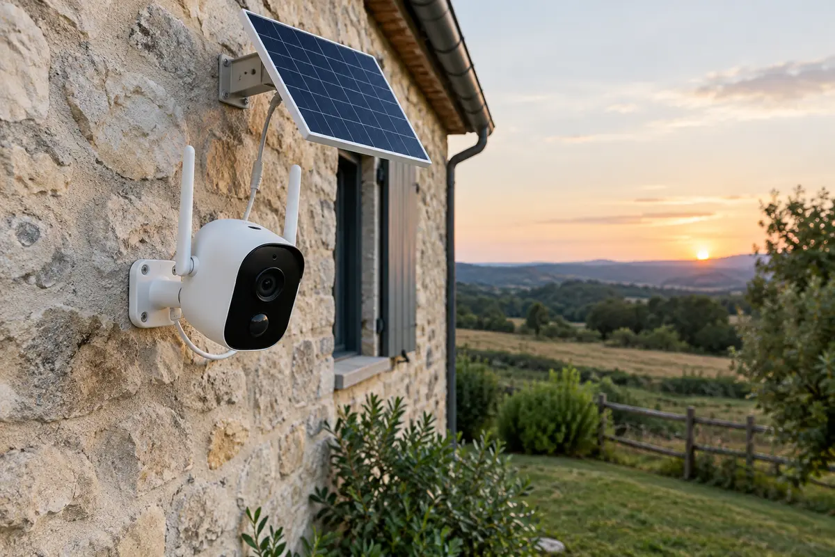 Caméra extérieure 4G avec panneau solaire installée sur le mur d’un bâtiment isolé