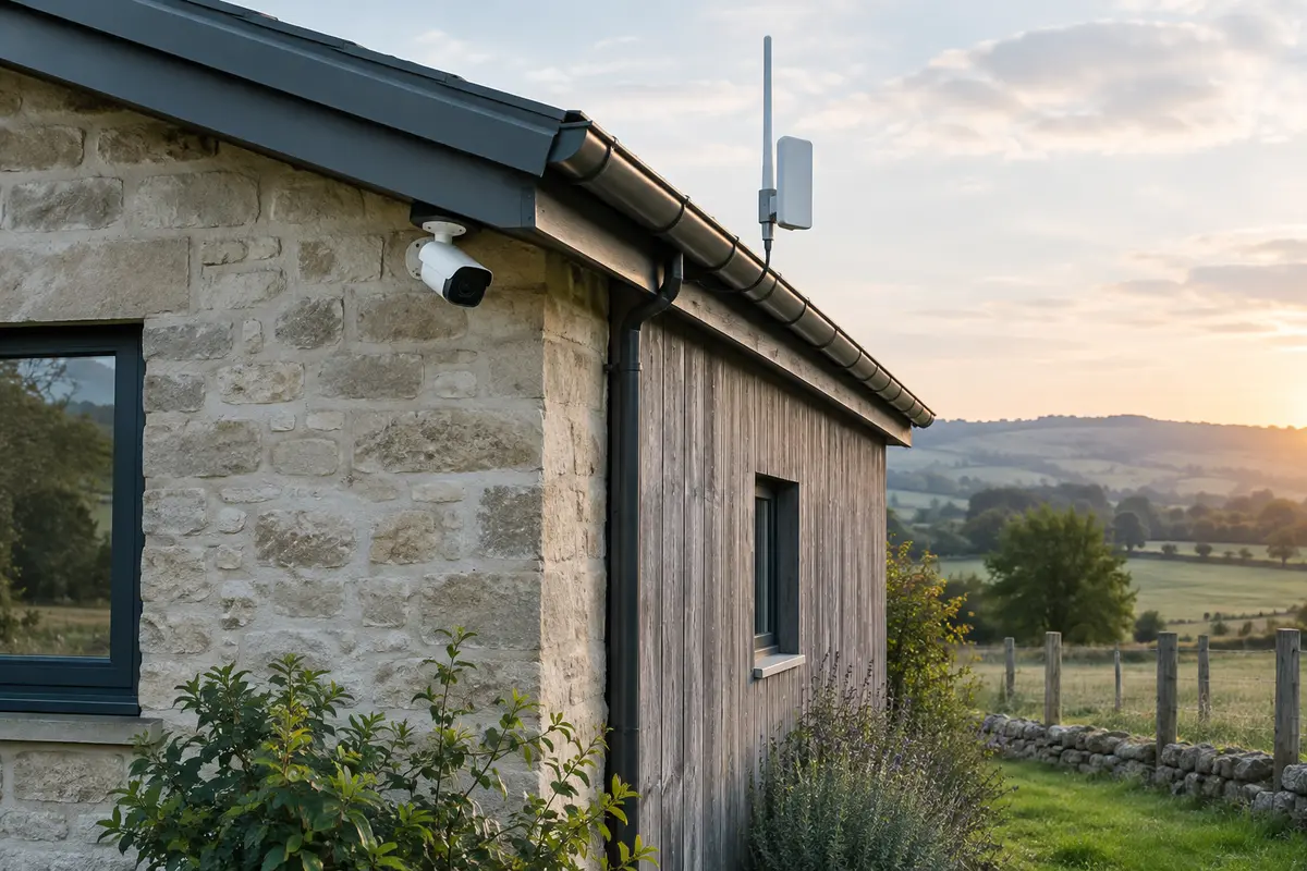 Caméra extérieure fixée à un bâtiment isolé, avec le terrain rural autour du site