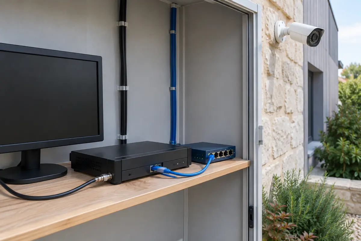 Enregistreur vidéo et câbles coaxial et Ethernet pour des caméras extérieures