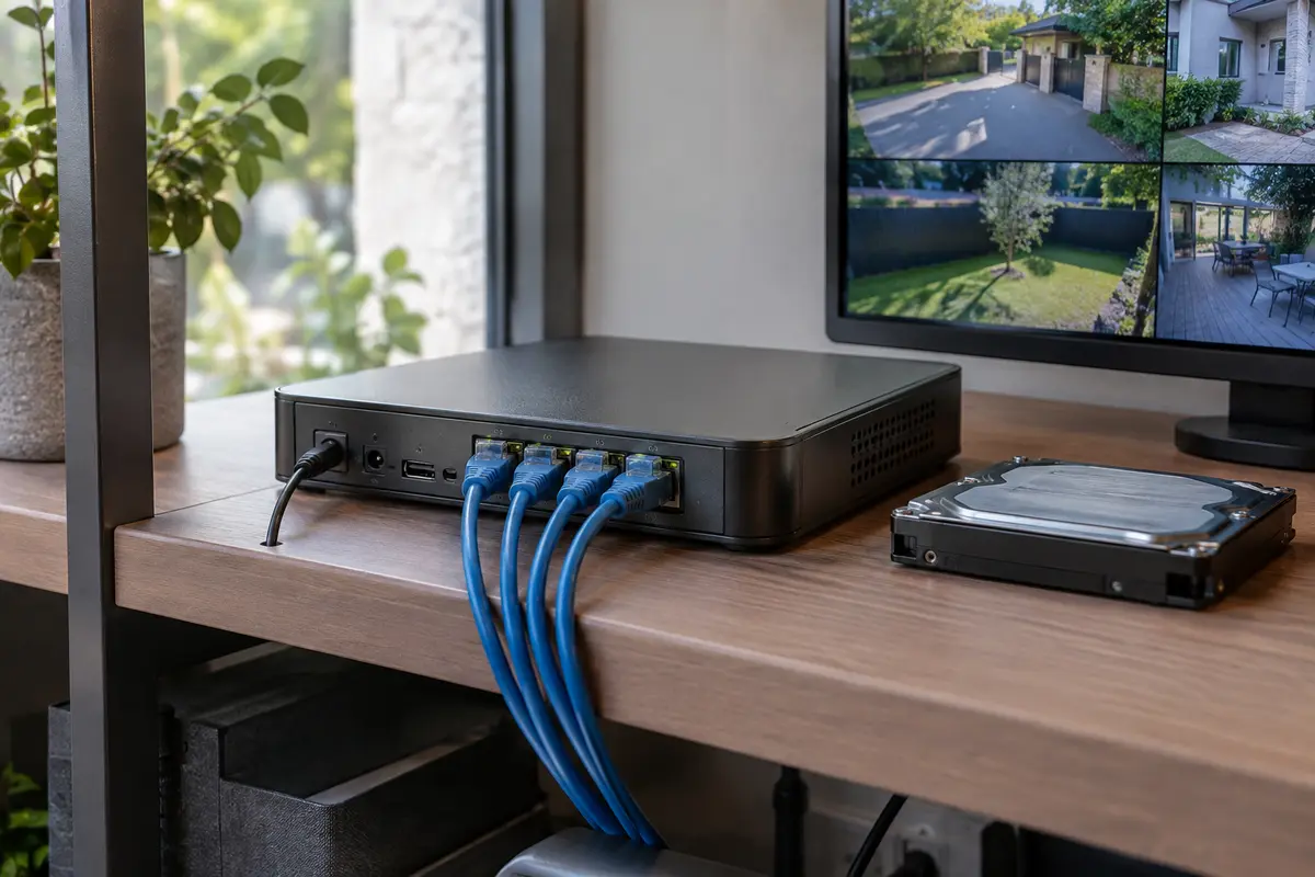 Enregistreur NVR raccordé à des câbles réseau dans une installation de vidéosurveillance extérieure