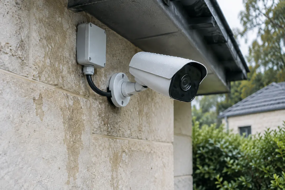 Caméra extérieure fixée sous un débord de toit avec son câble et ses raccordements protégés