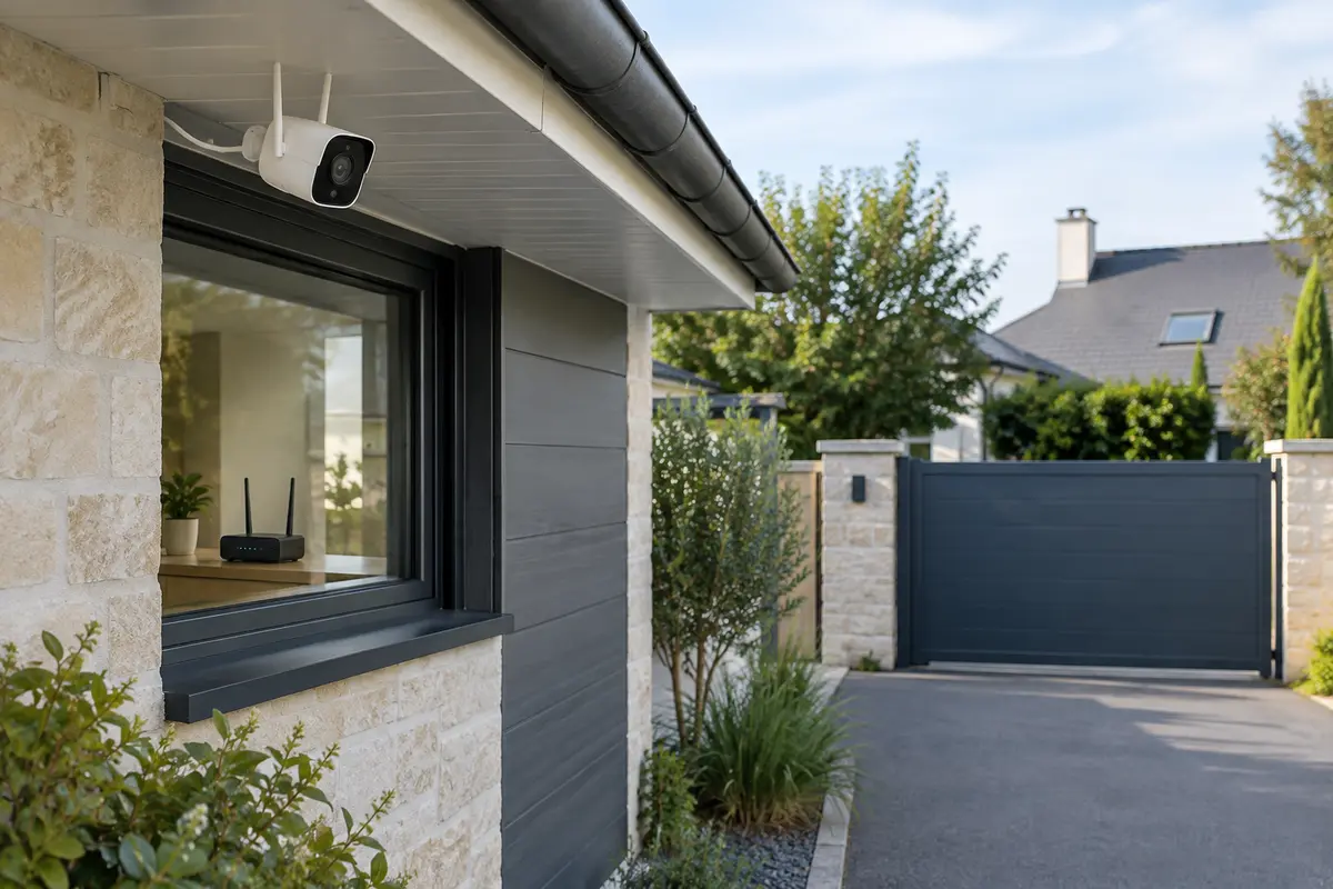 Caméra Wi-Fi extérieure sous un avant-toit, orientée vers une entrée près d’une maison