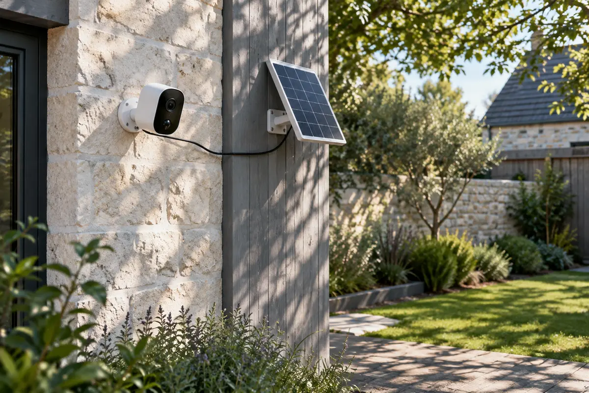 Caméra extérieure reliée à un panneau solaire orientable dans un jardin partiellement ombragé