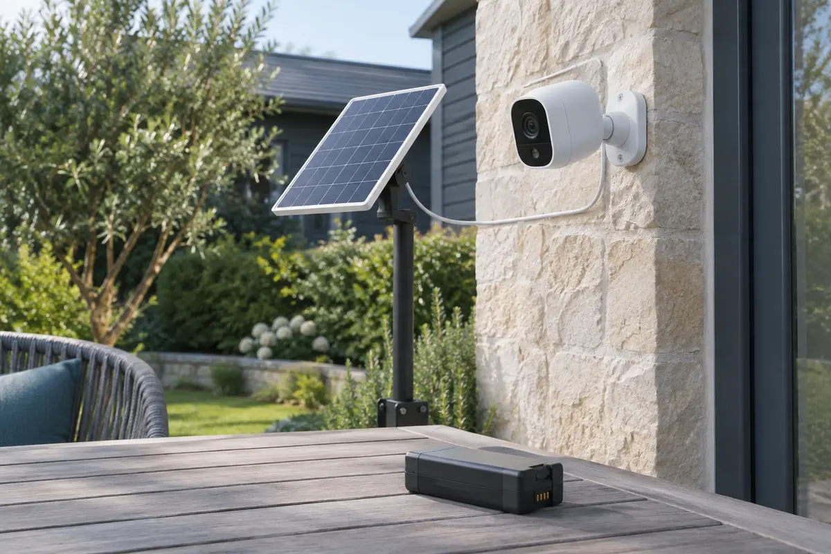 Caméra extérieure reliée à un panneau solaire, avec une batterie de remplacement posée à proximité